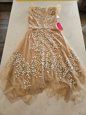 Alex Marie Kate Embroidered Mesh Midi Dress Natura Gold  NWT Size 10